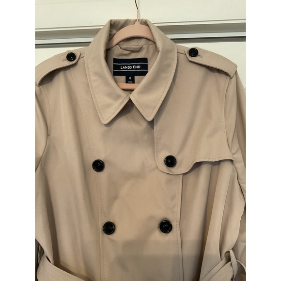 Lands' End Tan Rain Trench Coat Short Double Breasted Belted - Women's Size 18 - Picture 3 of 16